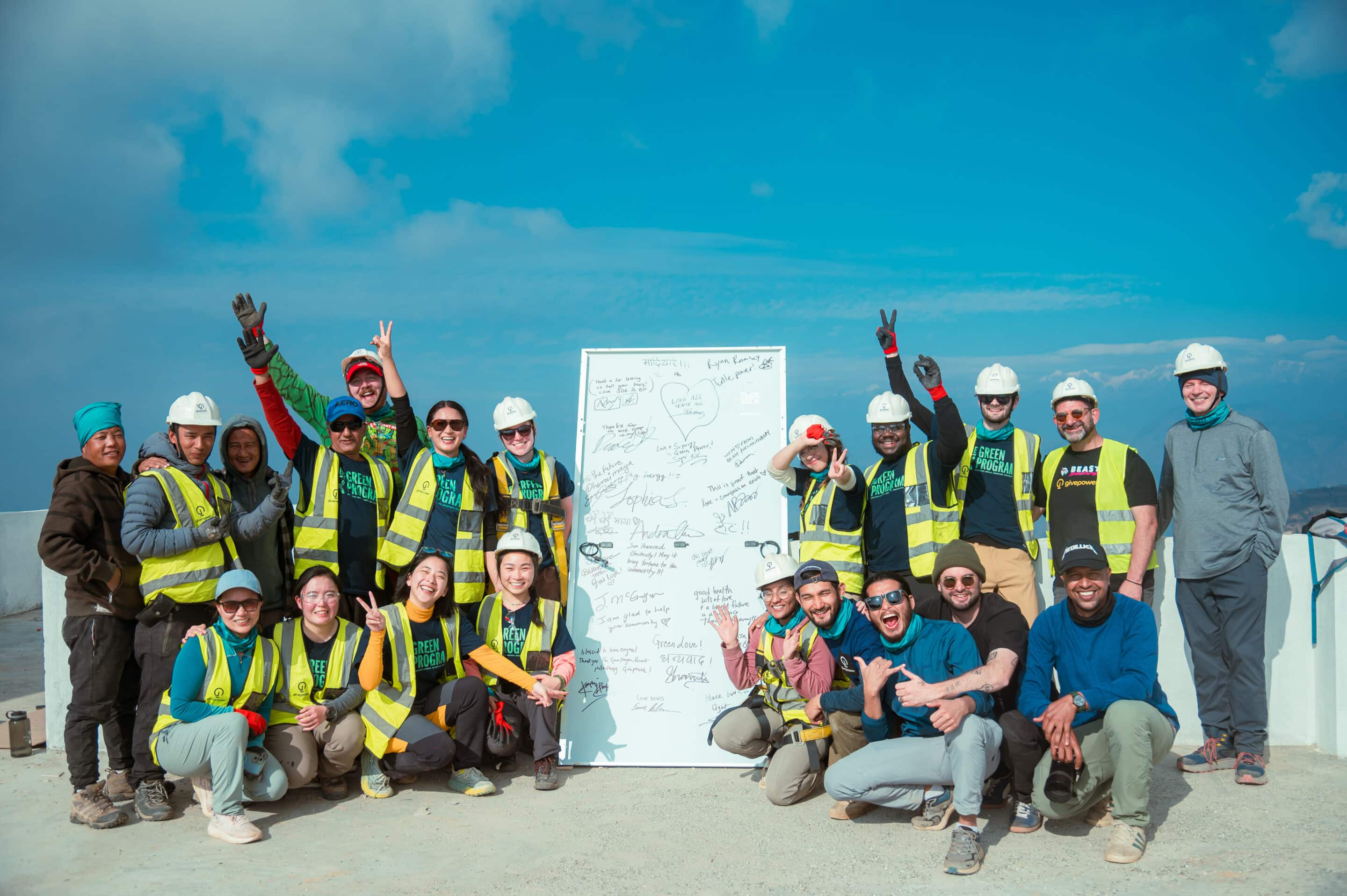The GREEN Program cohort with Beast Philanthropy team and partners with the final solar panel in Nepal